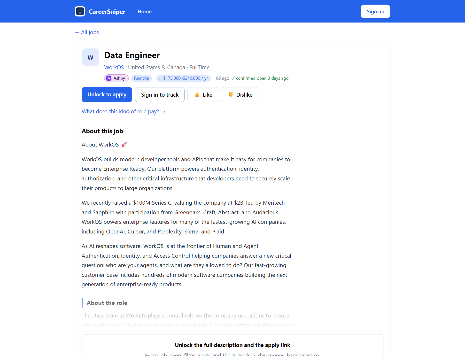 A job page on CareerSniper: the company, location, pay and when the role was last confirmed open, then a readable description with headings