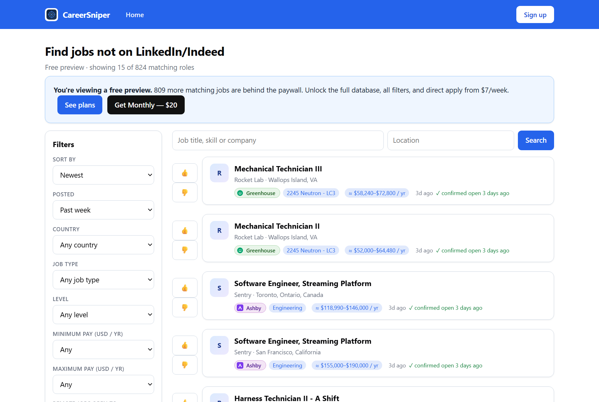 The CareerSniper job board: a filter sidebar on the left and a list of job listings with pay and freshness on the right